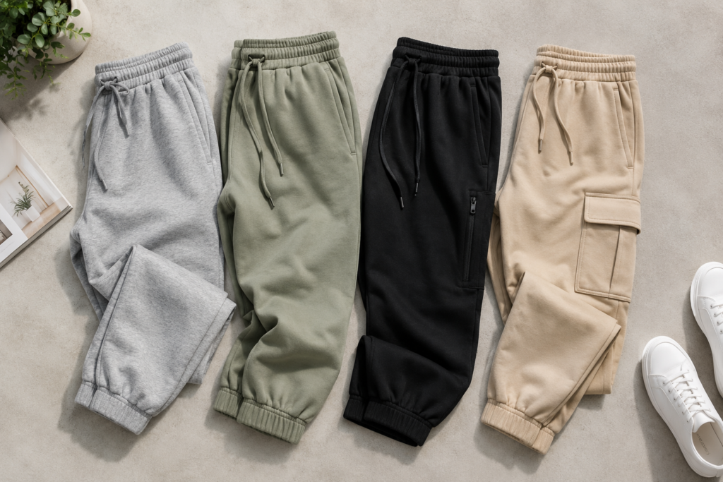 Cotton joggers, oversized joggers, gym joggers, and cargo joggers arranged in a flat lay showcasing modern comfortwear styles.