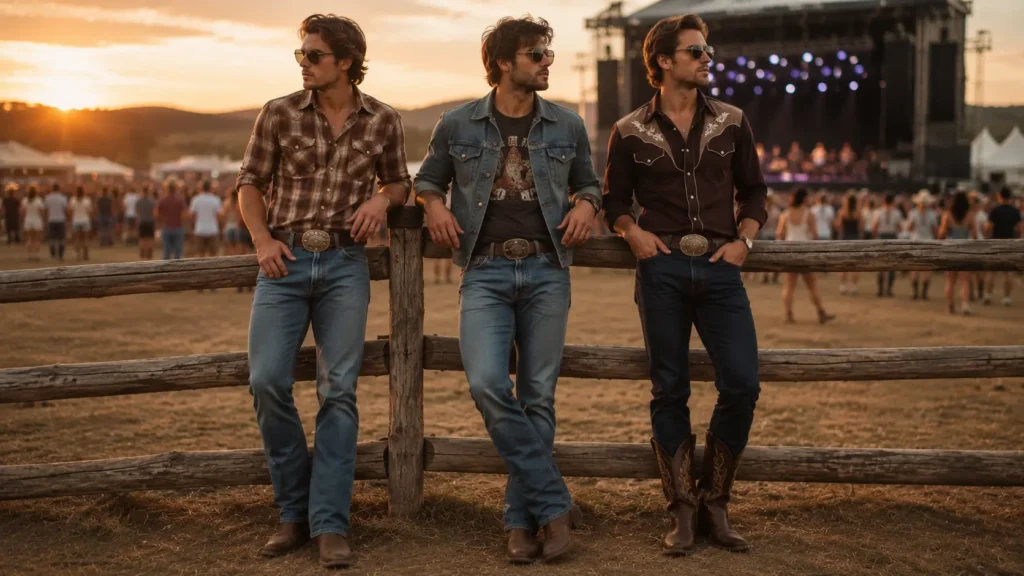 men's country concert outfit ideas with plaid shirts and western boots
