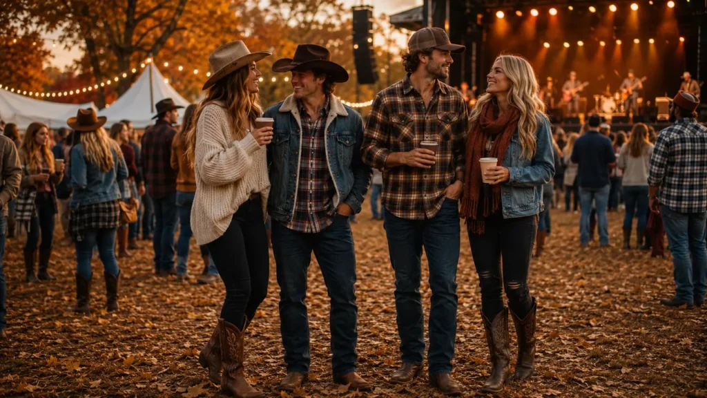  fall country concert outfit ideas with flannel shirts and boots
