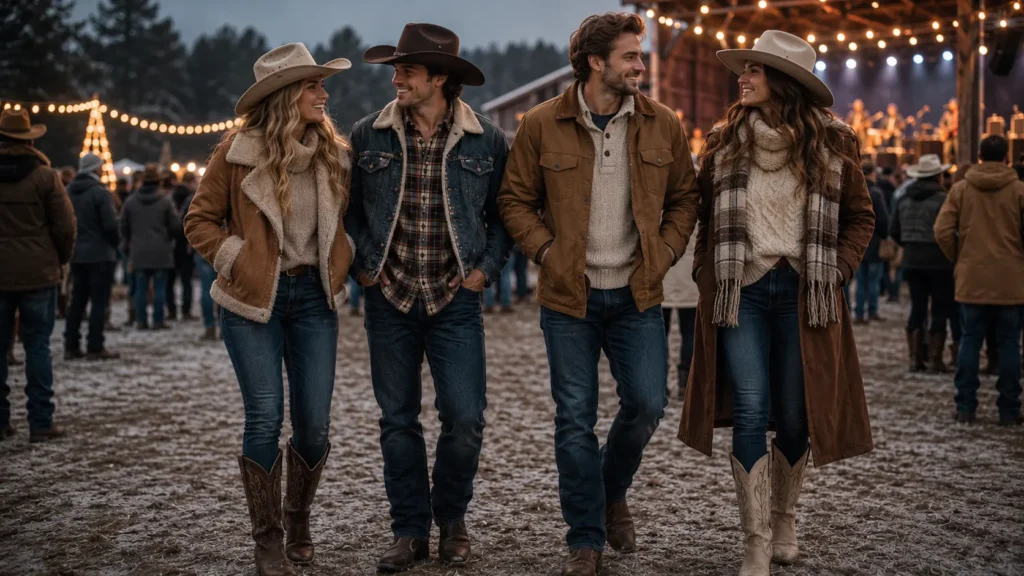  winter country concert outfit ideas with sherpa jackets and western boots