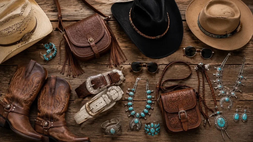  country concert accessories including cowboy hats belts and western jewelry