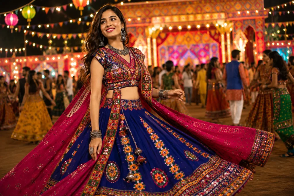 Traditional mirror work Chaniya Choli among the best Garba Outfit Ideas for women.
