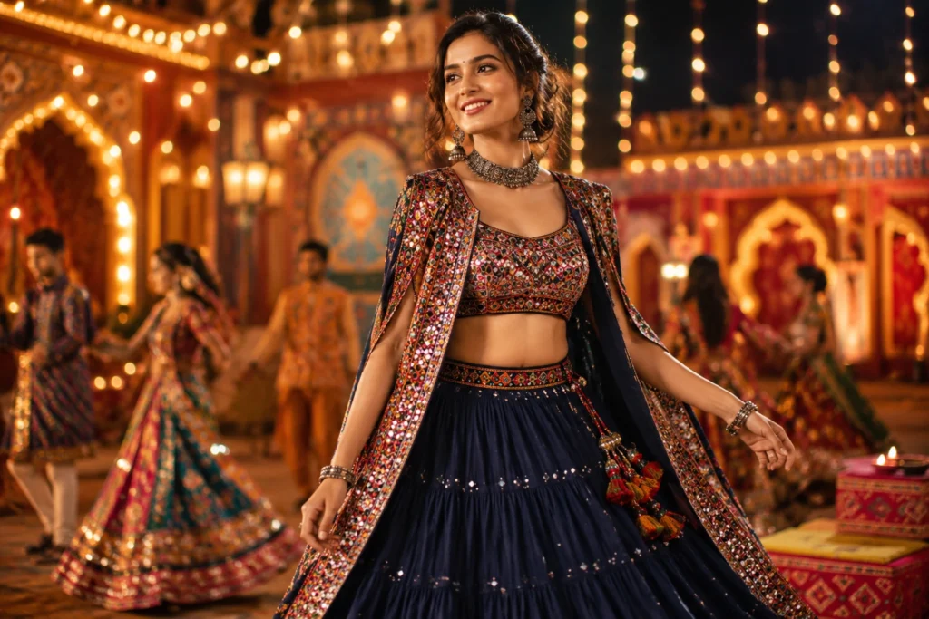 Modern Indo-Western Garba Outfit Ideas featuring embroidered crop tops and layered skirts.