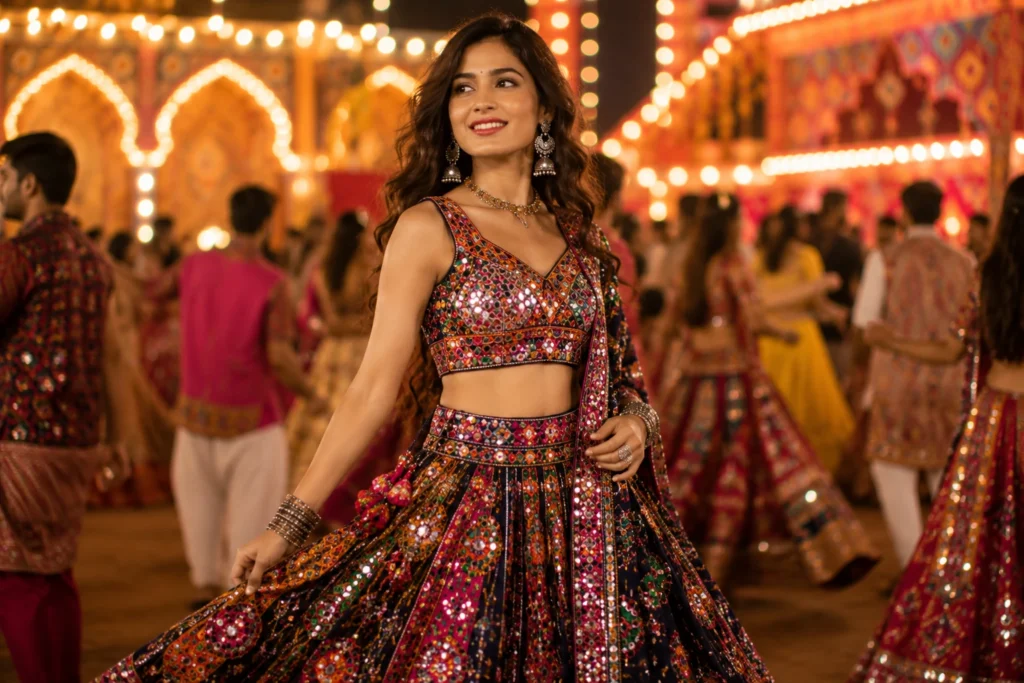 Elegant mirror work lehenga among the most stylish Garba Outfit Ideas for festive celebrations.
