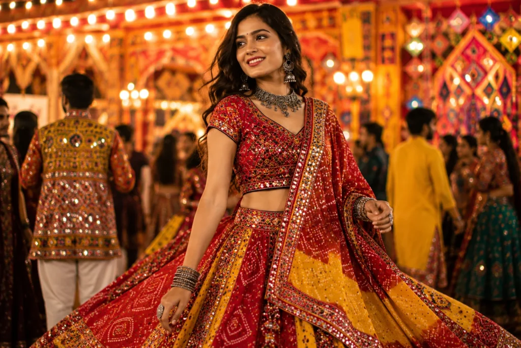 Traditional Bandhani Chaniya Choli showcasing classic Garba Outfit Ideas.