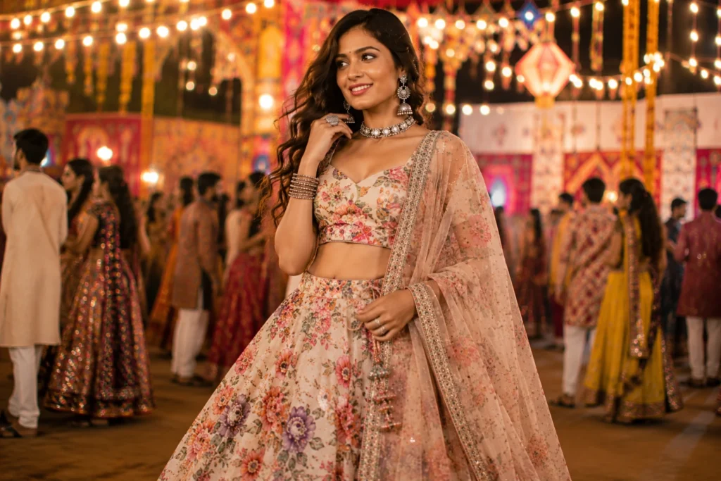 Elegant floral lehenga among modern Garba Outfit Ideas