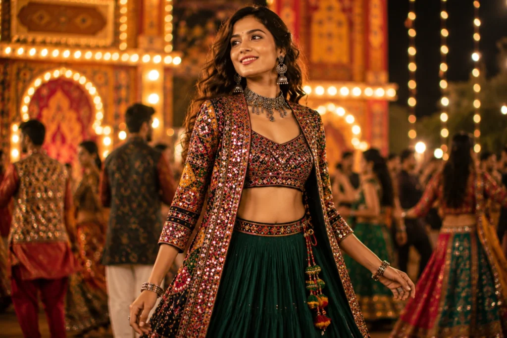 Designer jacket-style Garba Outfit Ideas with embroidered ethnic layering.