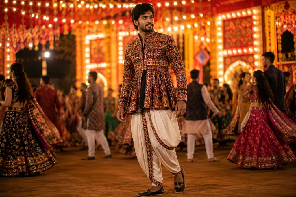 Traditional men's Garba Outfit Ideas featuring embroidered Kediyu and dhoti pants.
