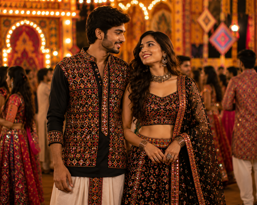 Coordinated couple Garba Outfit Ideas with complementary festive styling.
