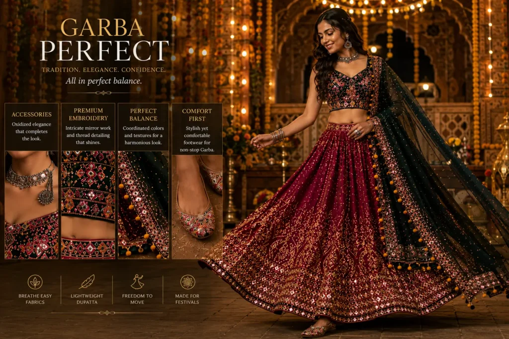 Well-balanced Garba Outfit Ideas styled with comfort and elegance.